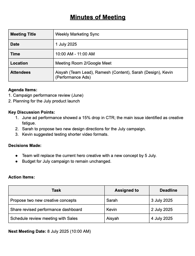 Basic Meeting Minutes Template